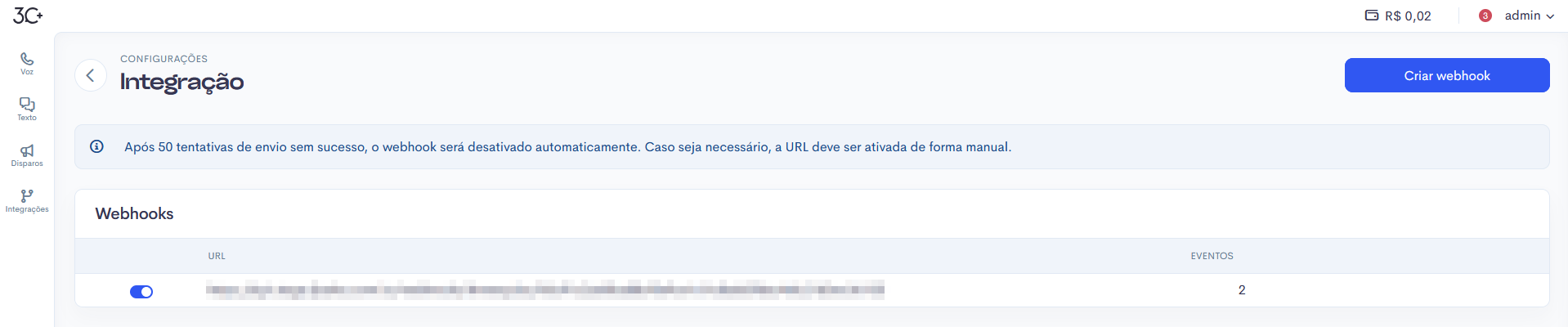 Lista de webhooks da 3C com um webhook ativo