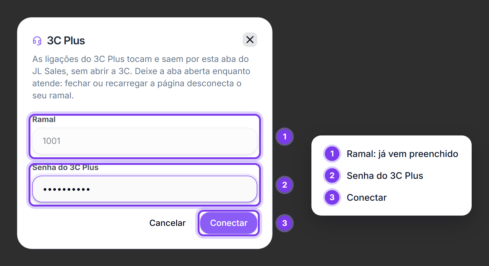 Janela do 3C Plus pedindo a senha