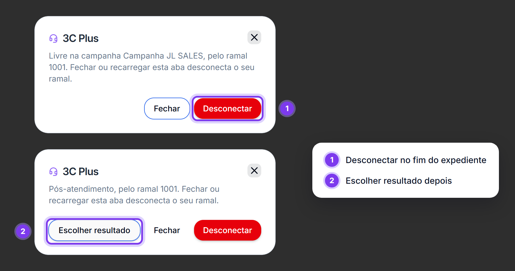 Janela do 3C Plus conectado e em pós-atendimento