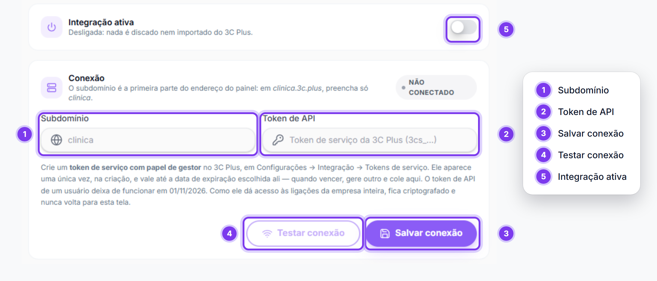 Tela da integração 3C Plus com os campos de conexão marcados