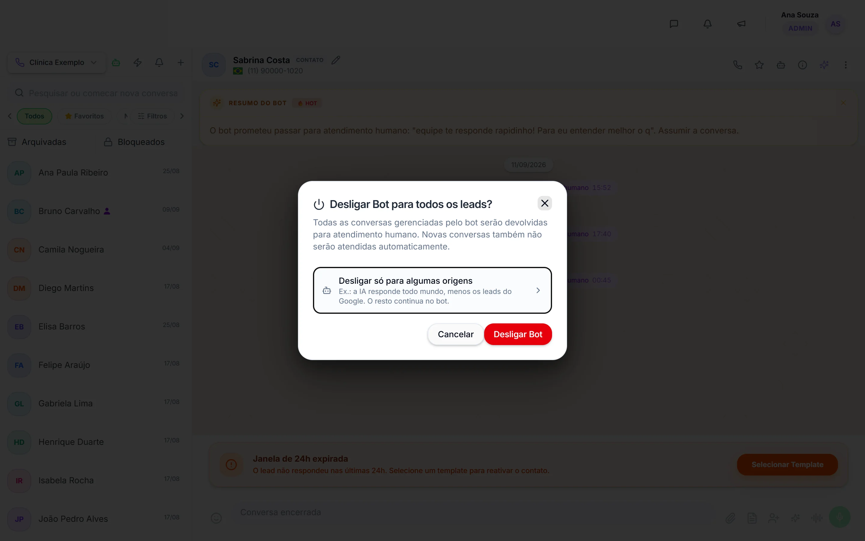 Janela Desligar Bot para todos os leads? com a opção Desligar só para algumas origens e os botões Cancelar e Desligar Bot