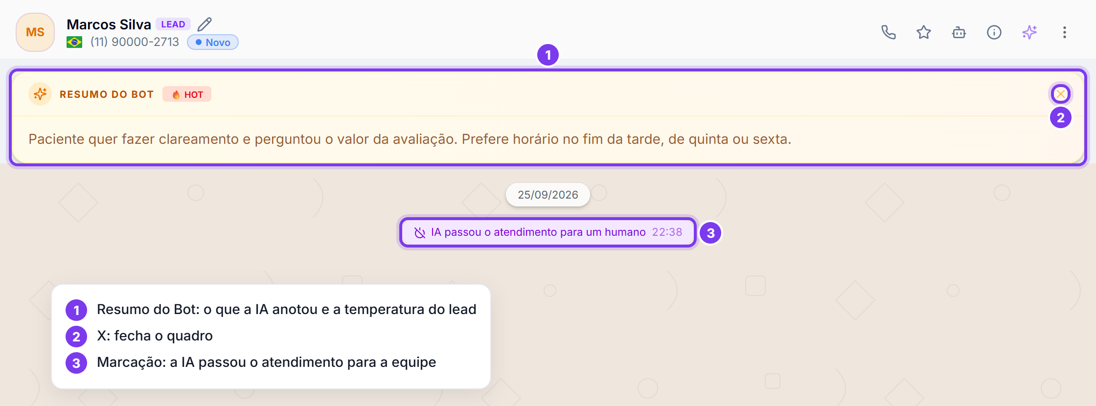 Quadro Resumo do Bot numerado, com o X para fechar e a marcação IA passou o atendimento para um humano