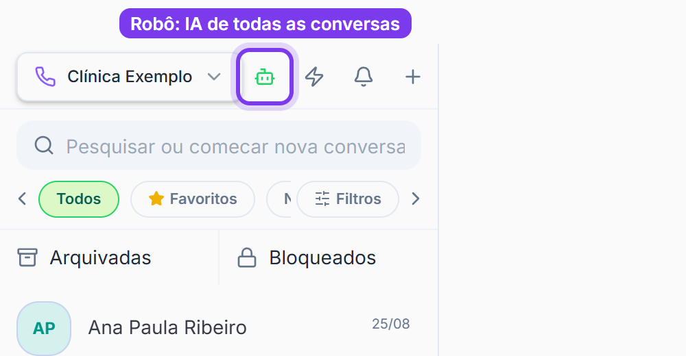 Topo da lista com o robô que liga ou desliga a IA em todas as conversas marcado