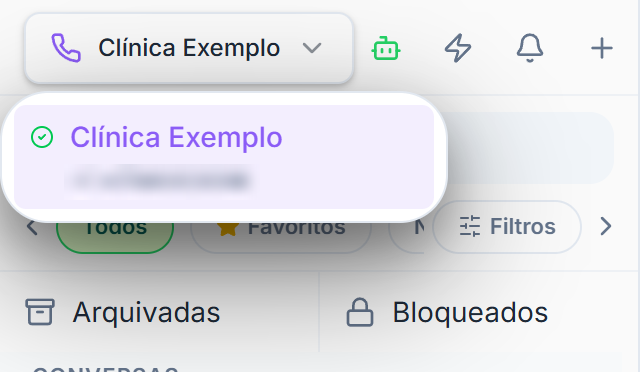 Menu do seletor de número aberto, com o número da clínica e o indicador verde de ativo
