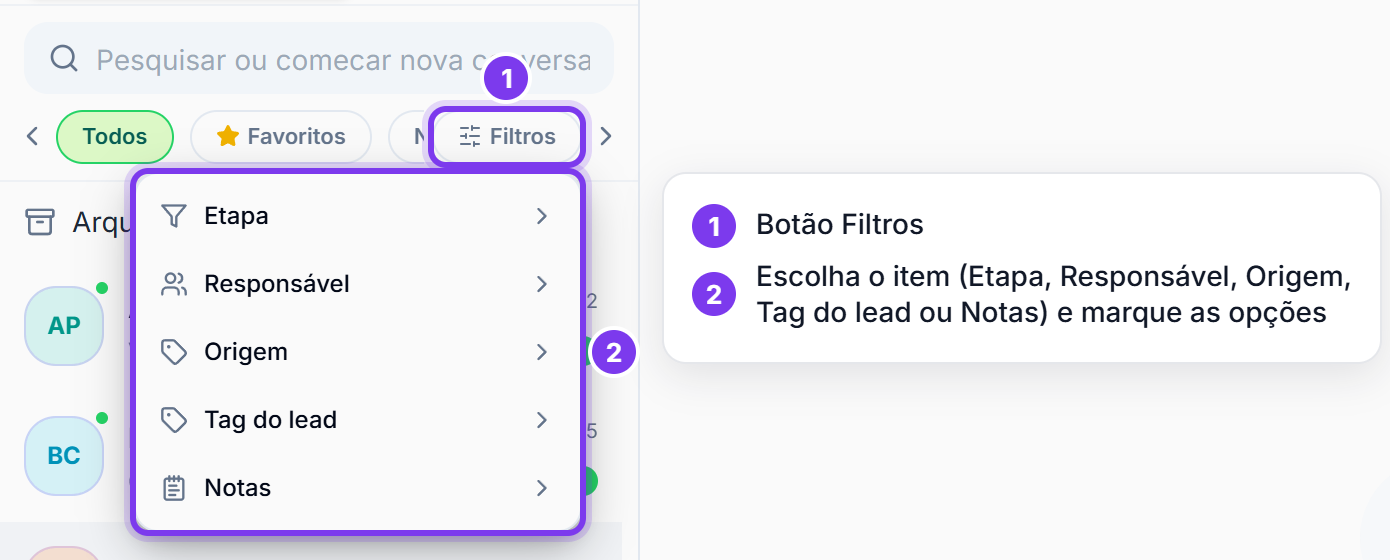 Painel Filtros aberto, com os itens Etapa, Responsável, Origem, Tag do lead e Notas