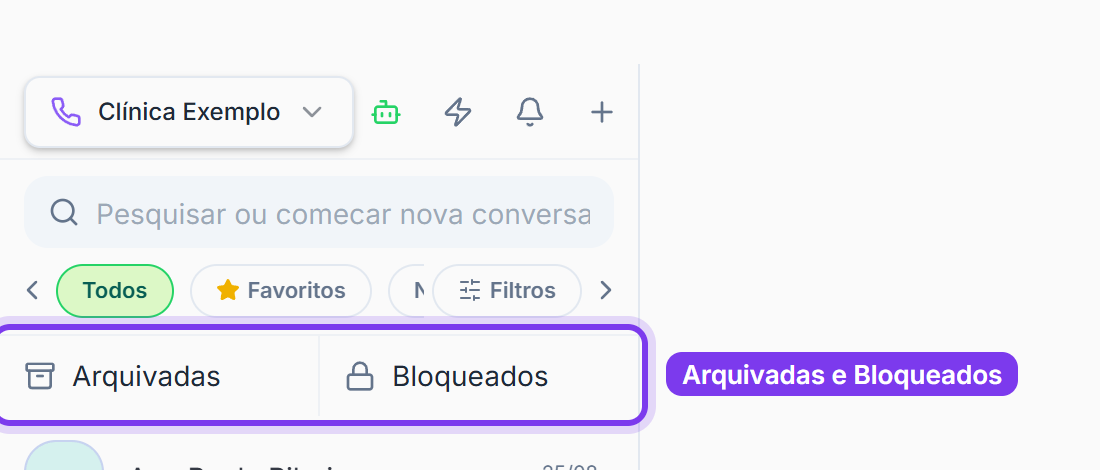 Pastas Arquivadas e Bloqueados marcadas no topo da lista