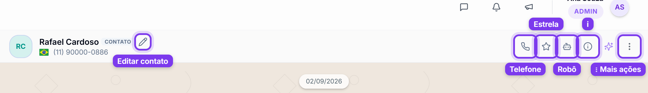 Cabeçalho da conversa com as marcações Editar contato, Telefone, Estrela, Robô, i e Mais ações
