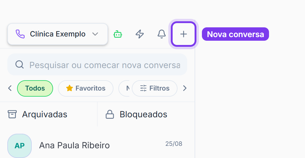Topo da lista com o botão + (Nova conversa) marcado