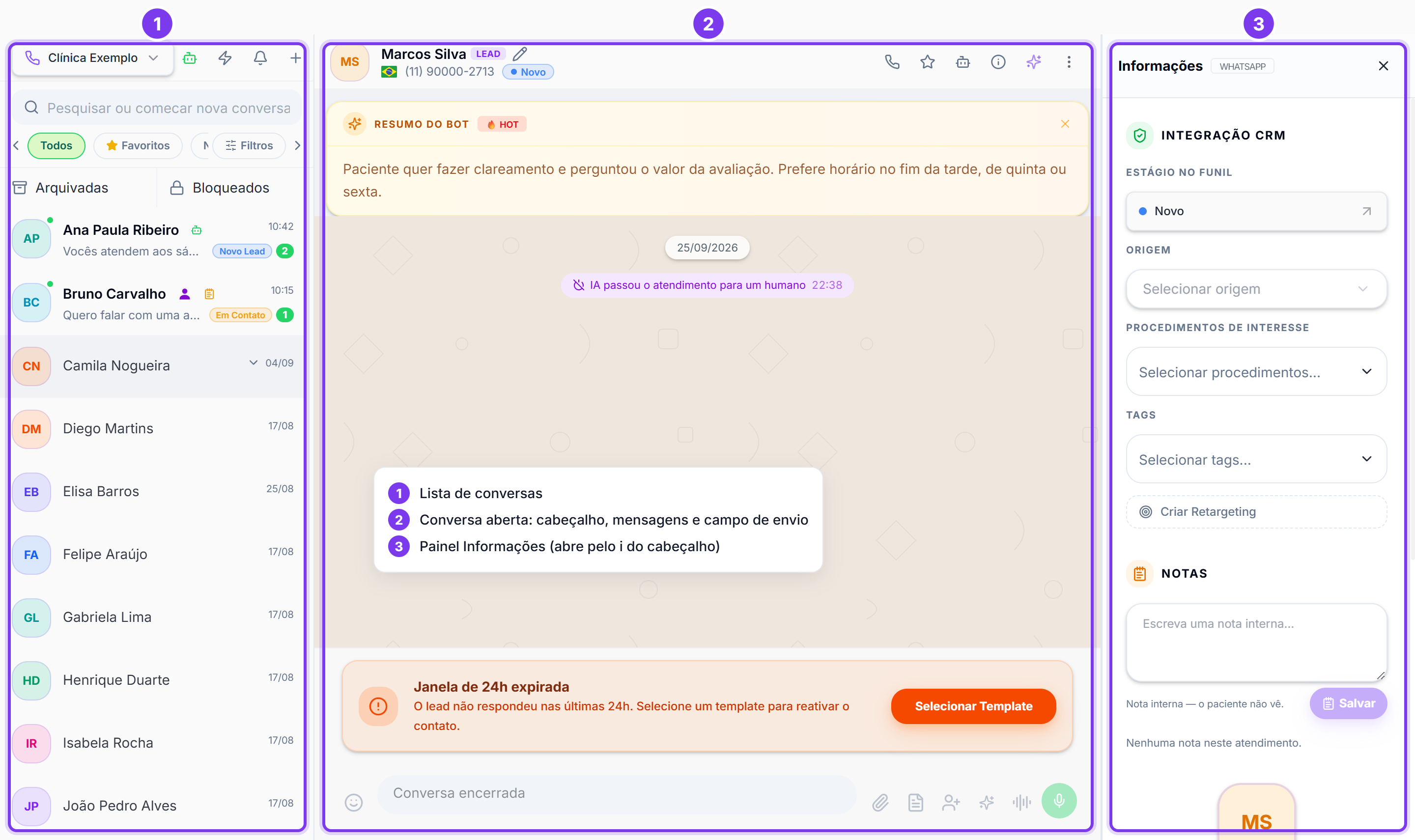 Tela do Chat WhatsApp numerada: 1 lista de conversas, 2 conversa aberta, 3 painel Informações