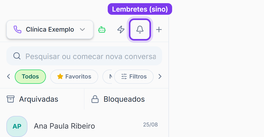 Topo da lista com o sino (Lembretes) marcado