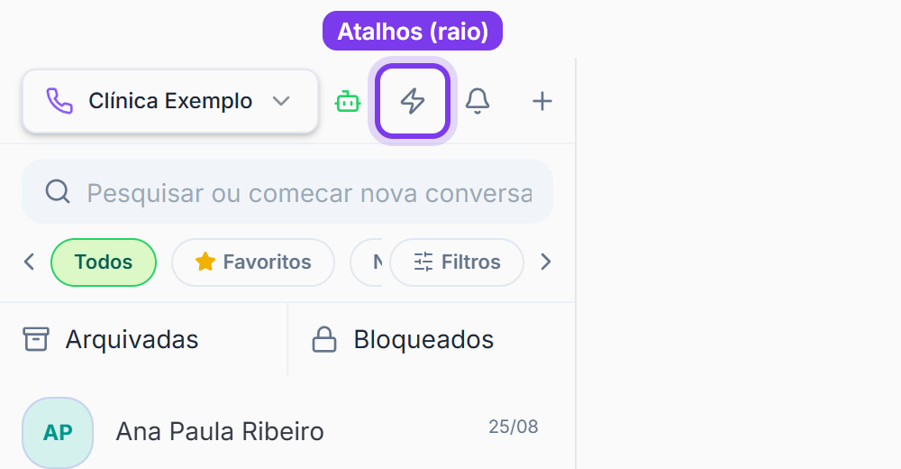 Topo da lista com o raio (Atalhos) marcado