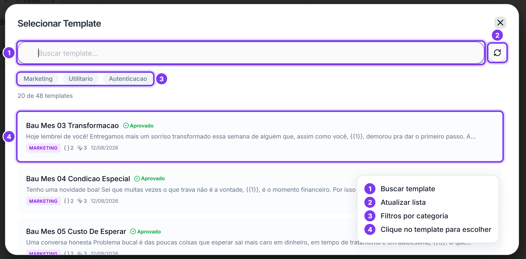 Janela Selecionar Template numerada: 1 buscar template, 2 atualizar lista, 3 filtros por categoria, 4 template da lista