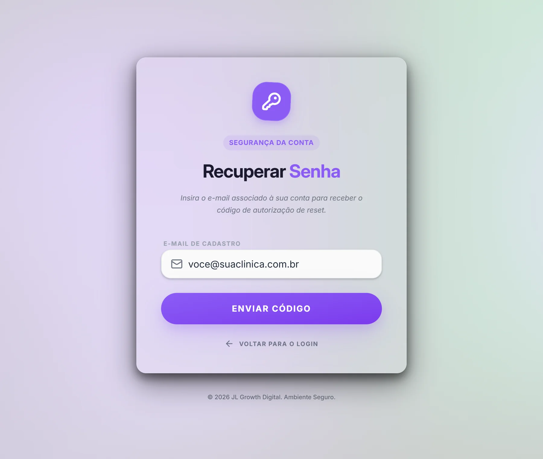 Tela Recuperar senha com o campo E-mail de cadastro preenchido e o botão Enviar código