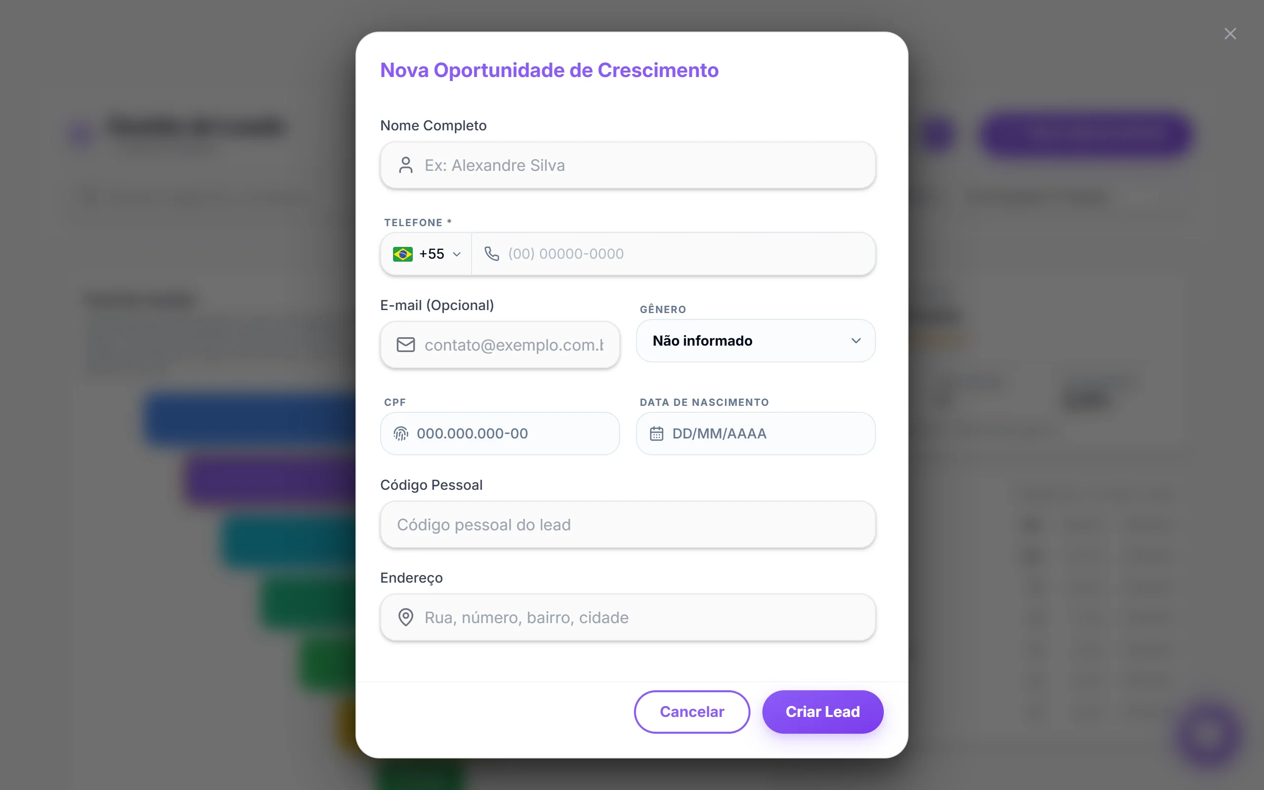 Janela Nova Oportunidade de Crescimento, com os campos Nome Completo, Telefone, E-mail, Gênero, CPF, Data de Nascimento, Código Pessoal e Endereço