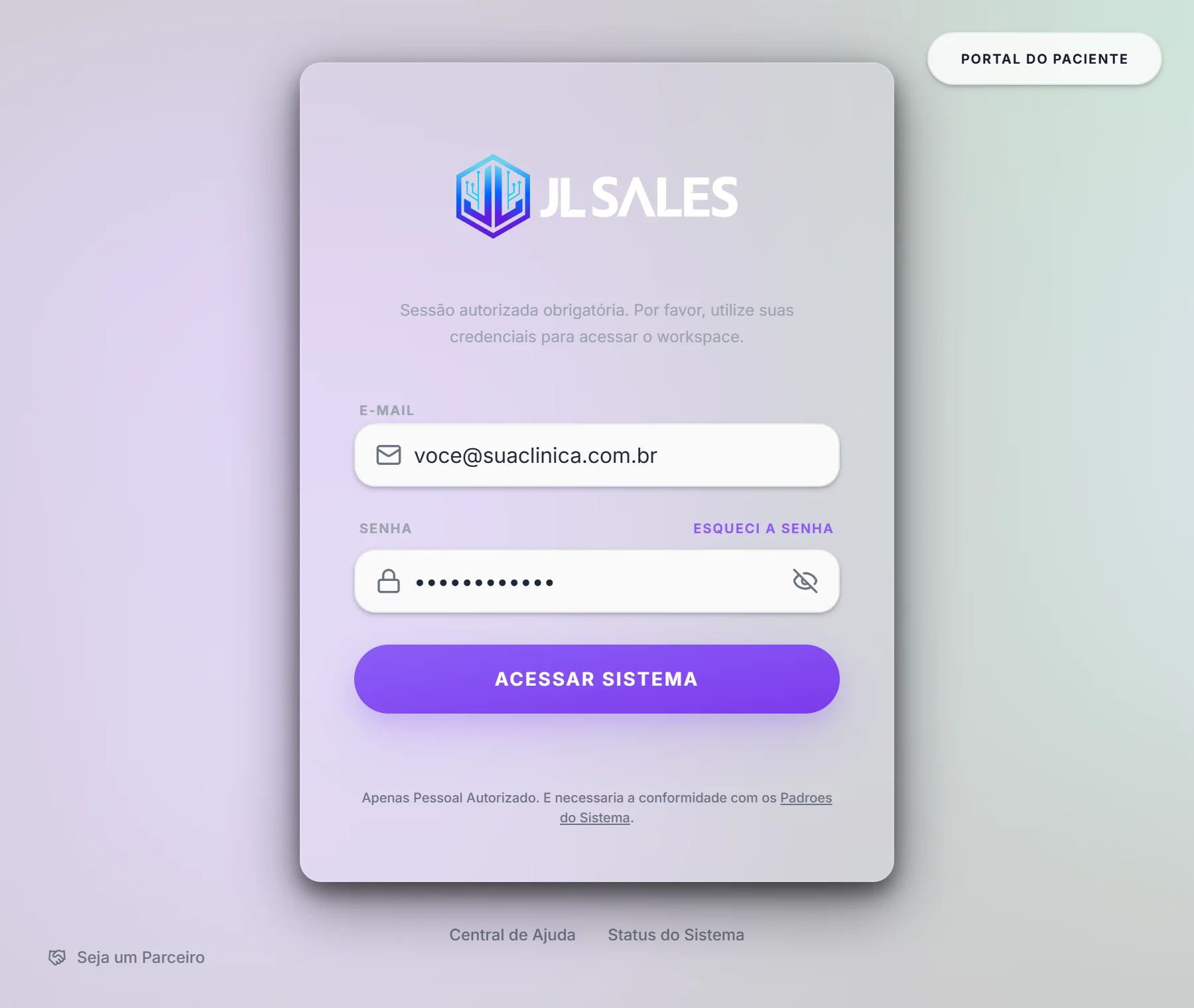 Tela de login do JL Sales com os campos E-mail e Senha preenchidos e o botão Acessar sistema