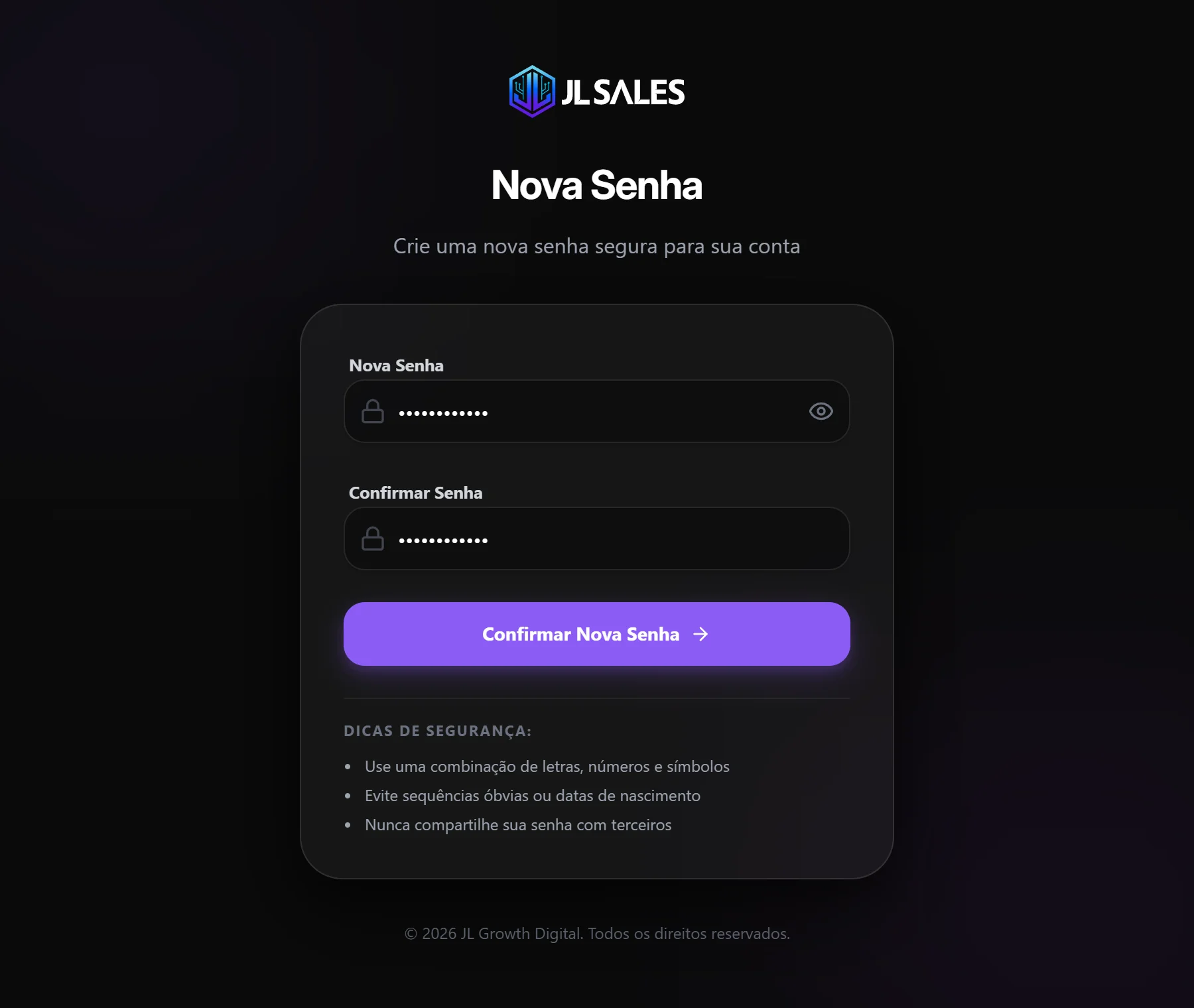 Tela Nova Senha com os campos Nova Senha e Confirmar Senha e o botão Confirmar Nova Senha