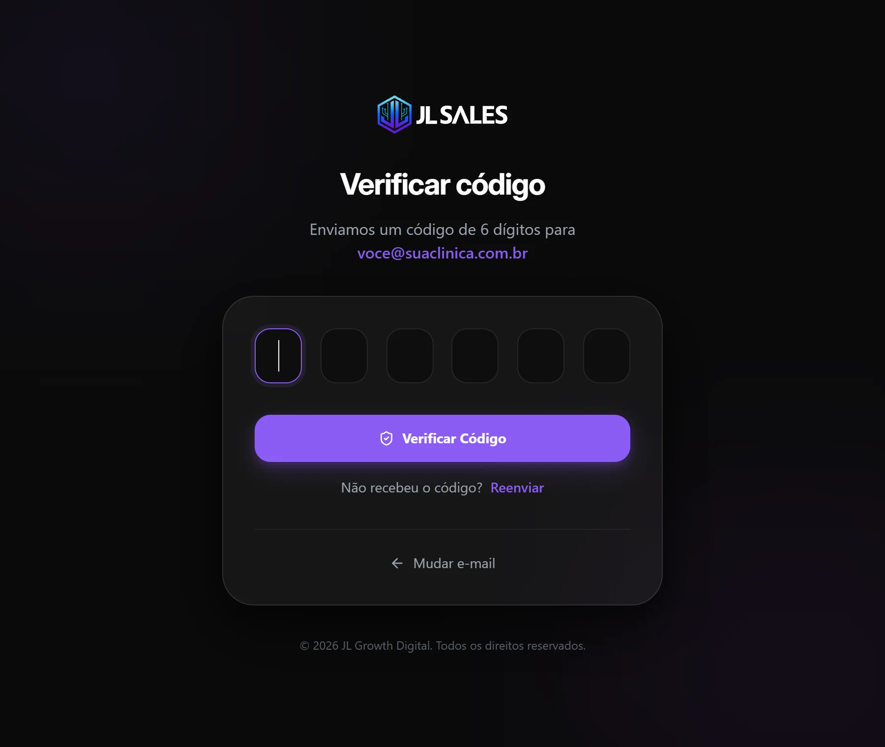 Tela Verificar código com os 6 campos para digitar o código recebido por e-mail